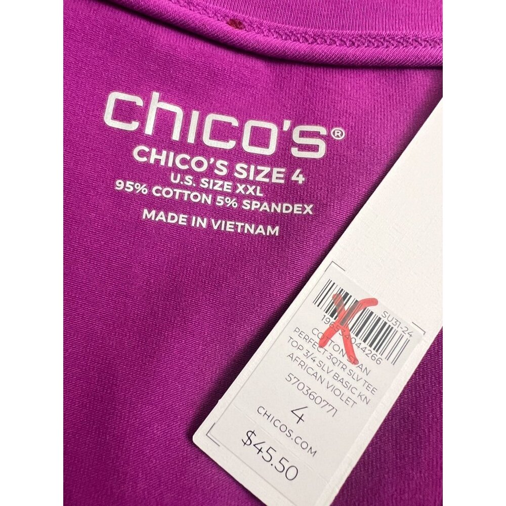 Chico's Perfect 3/4 Sleeve Tee Top V-neck size 4 XXL African Violet - Picture 2 of 4